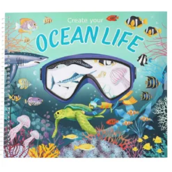 Aktivitetsbok Create your ocean life, en mengde fisker og hav, 24 × 21 cm, 16 sider + klistremerker