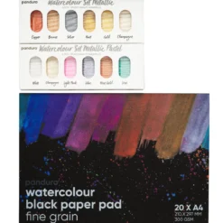 Akvarellsett Panduro Metallic – 1 svart akvarellblokk A4 + 12 metallic-akvarellfarger