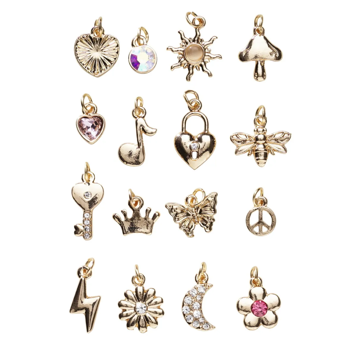 Anheng / charms i gullfarge 16 stk. – sol, måne, hjerte fredsmerke m.m.