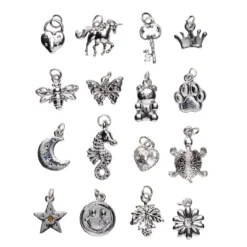 Anheng / charms i sølvfarge 16 stk. – smilefjes, enhjørning, hjerte m.m.
