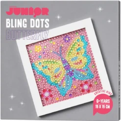 Bling Dots bilde sommerfugl, diamond painting for barn – bling dots, motiv og bilderamme på 19×19 cm