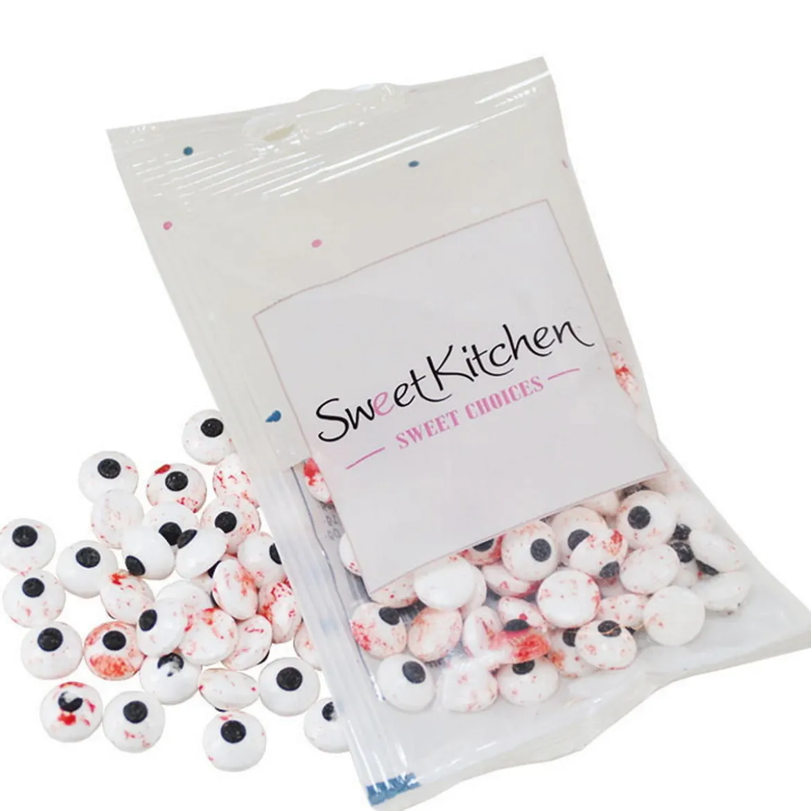Blodsprengte sukkerøyne Ø10 mm, godteriøyne til å dekorere kaker og muffins med. 35 gram