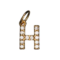 Bokstavanheng med strass H – lengde 7 mm, messing, belagt med 9 karat gull