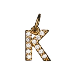 Bokstavanheng med strass K – lengde 7 mm, messing, belagt med 9 karat gull