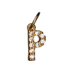 Bokstavanheng med strass P – lengde 7 mm, messing, belagt med 9 karat gull