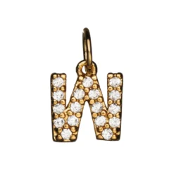 Bokstavanheng med strass W – lengde 7 mm, messing, belagt med 9 karat gull