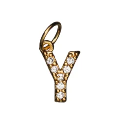 Bokstavanheng med strass Y – lengde 7 mm, messing, belagt med 9 karat gull