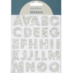 Bokstaver klistremerker A-Z glitter hvit – til sammen 50 alfabetstickers, 23 mm høye