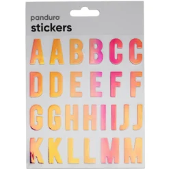 Bokstaver klistremerker A–Z iriserende sølvglitter, 52 alfabetstickers, 25 mm høye