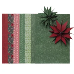 Brett 12 flotte julestjerner av papir i julefarger – 6 stk. Ø12 cm, 6 stk. Ø9,5 cm