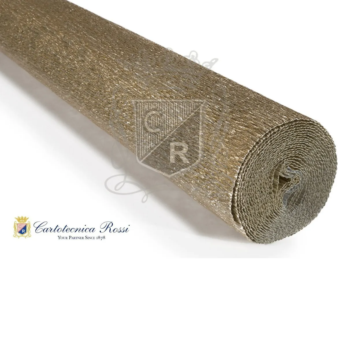 Cartotecnica Rossi kreppapir 806 – gull og platina metallic (hvit bakside), 180 g rull (144 g/m²) à 50×250 cm