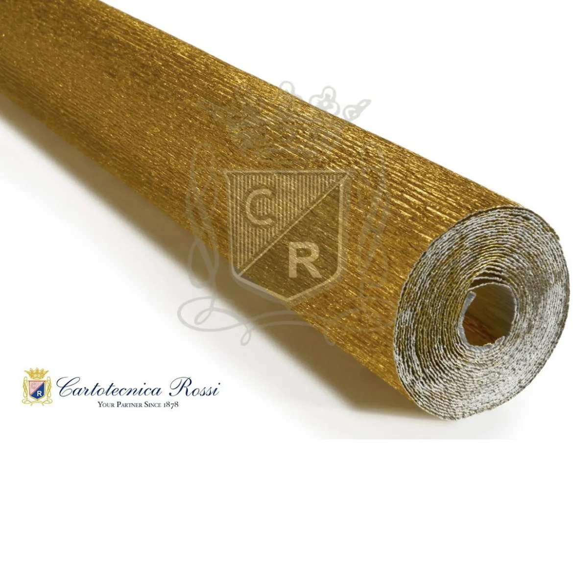 Cartotecnica Rossi kreppapir 801 – gullgul metallic (hvit bakside), 180 g rull (144 g/m²) à 50×250 cm