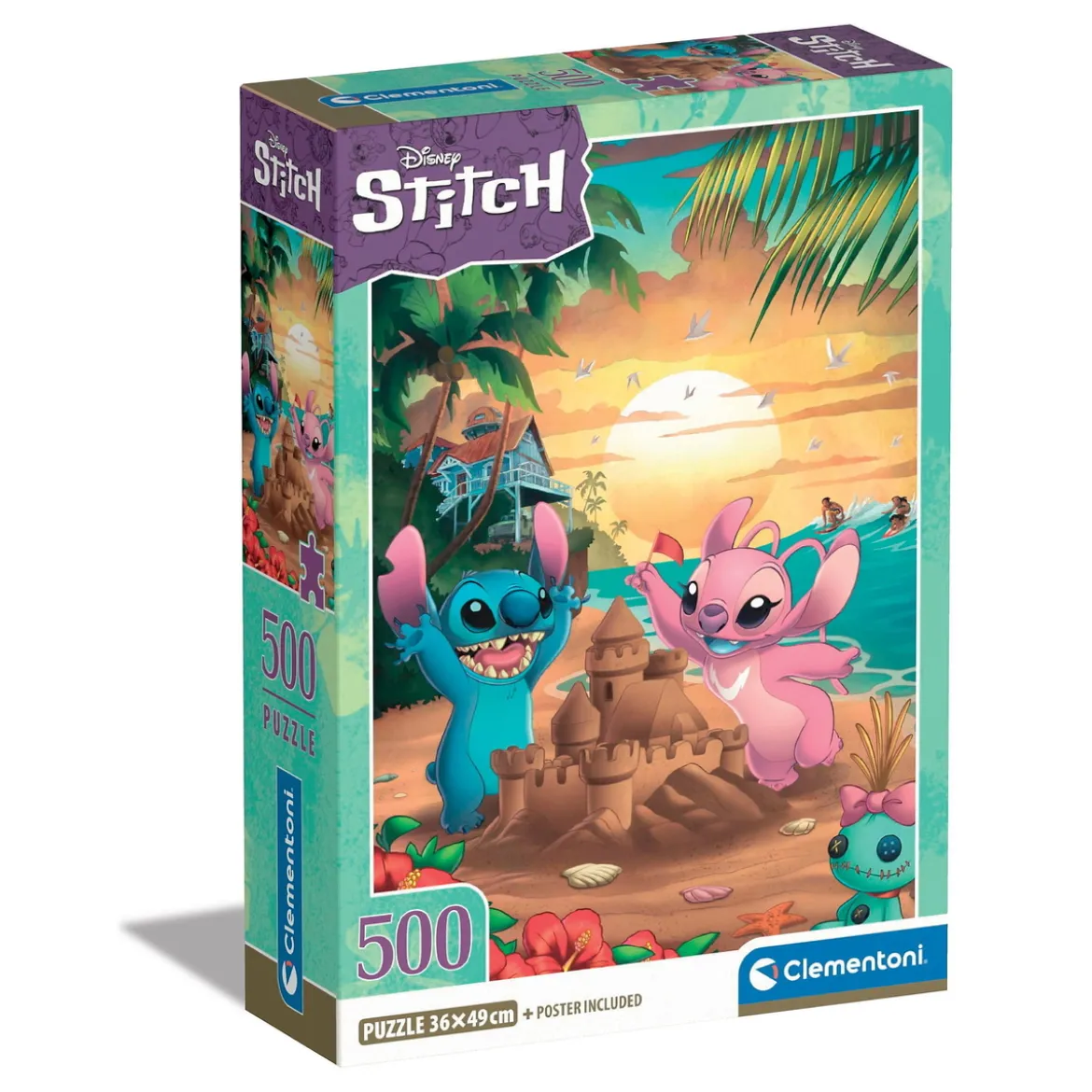 Clementoni puslespill Disney Stitch, en herlig kveld på stranden med Angel! 500 biter, 36×49 cm