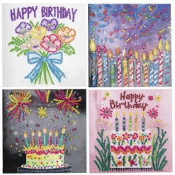 Diamond Painting kort 4 stk. 15×15 cm – bursdagskort og konvolutt