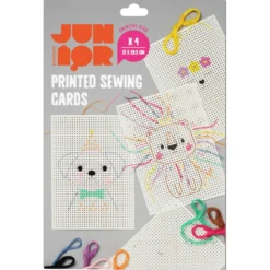 DIY-kit Sykort for barn – 4 morsomme motiver, 9×8 m broderitråd og plastnål