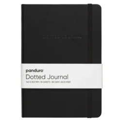 Dotted Journal 140×200 mm, svart omslag av fuskelær, 96 prikkete ark, 80 g/m²