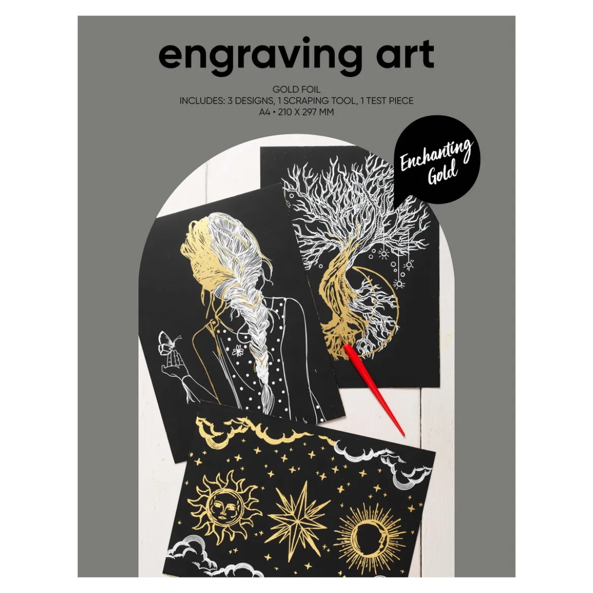 Engraving art Enchanting Gold – scratch art med 3 stk. A4-ark, gullfargede motiver