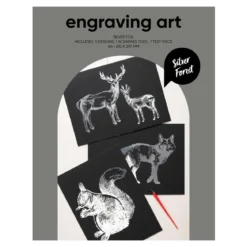 Engraving art Silver Forest – scratch art med 3 stk. A4-ark, sølvfargede skogsmotiver