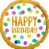 Folieballong Ø45 cm – fargerike prikker med teksten Happy birthday