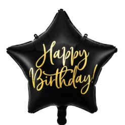 Folieballong Ø45 cm – svart stjerne med teksten Happy birthday