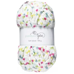 Garn Popkorn Velvet 100 g neon prikk – hvitt garn med en mengde festlige fargeprikker