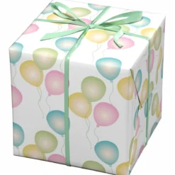 Gavepapir på rull 10 m × 57 cm – hvitt papir med ballonger i pastellfarger