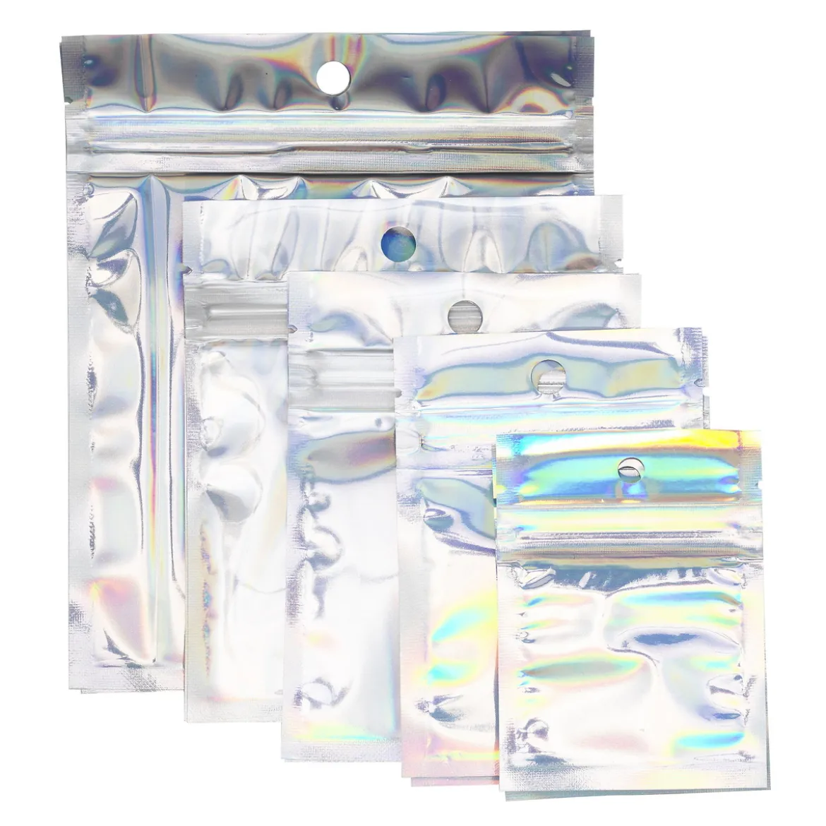 Gjenlukkbare iriserende polybags 10 stk. 6×8, 7×10, 8×11, 10×12 og 12×15 cm