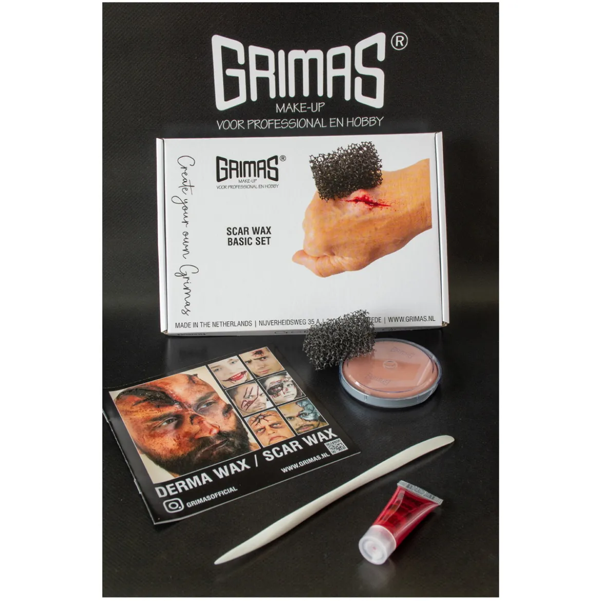 Grimas Scar Wax sminkesett – arrvoks, blod og tilbehør for uhyggelige sår til Halloween!