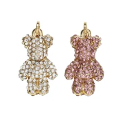 2 gullfargede anheng/charms, bjørner med rosa og transparent strass, 2,5×1,3×0,5 cm