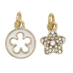 Gullfargede anheng / charms, blomst Ø10 mm, strassfylt blomst Ø10 mm