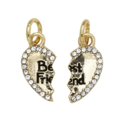Gullfargede anheng / charms, delt hjerte med strass og teksten "Best Friend" 8×13 mm
