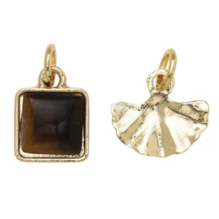 Gullfargede anheng / charms, fjær 15×8 mm, stein 10×10 mm