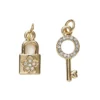 2 gullfargede anheng / charms, hengelås strass 7,5×15,5, nøkkel strass 6,6×16 mm