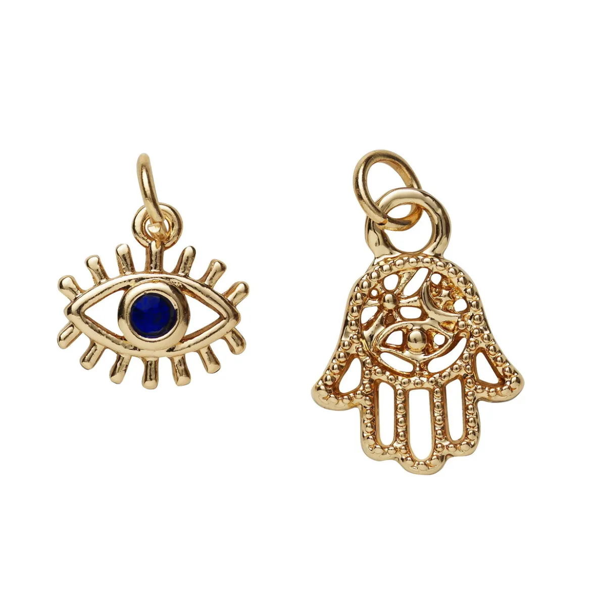2 gullfargede anheng / charms, hånd med strass 15×12 mm, øye med strass 11×8 mm