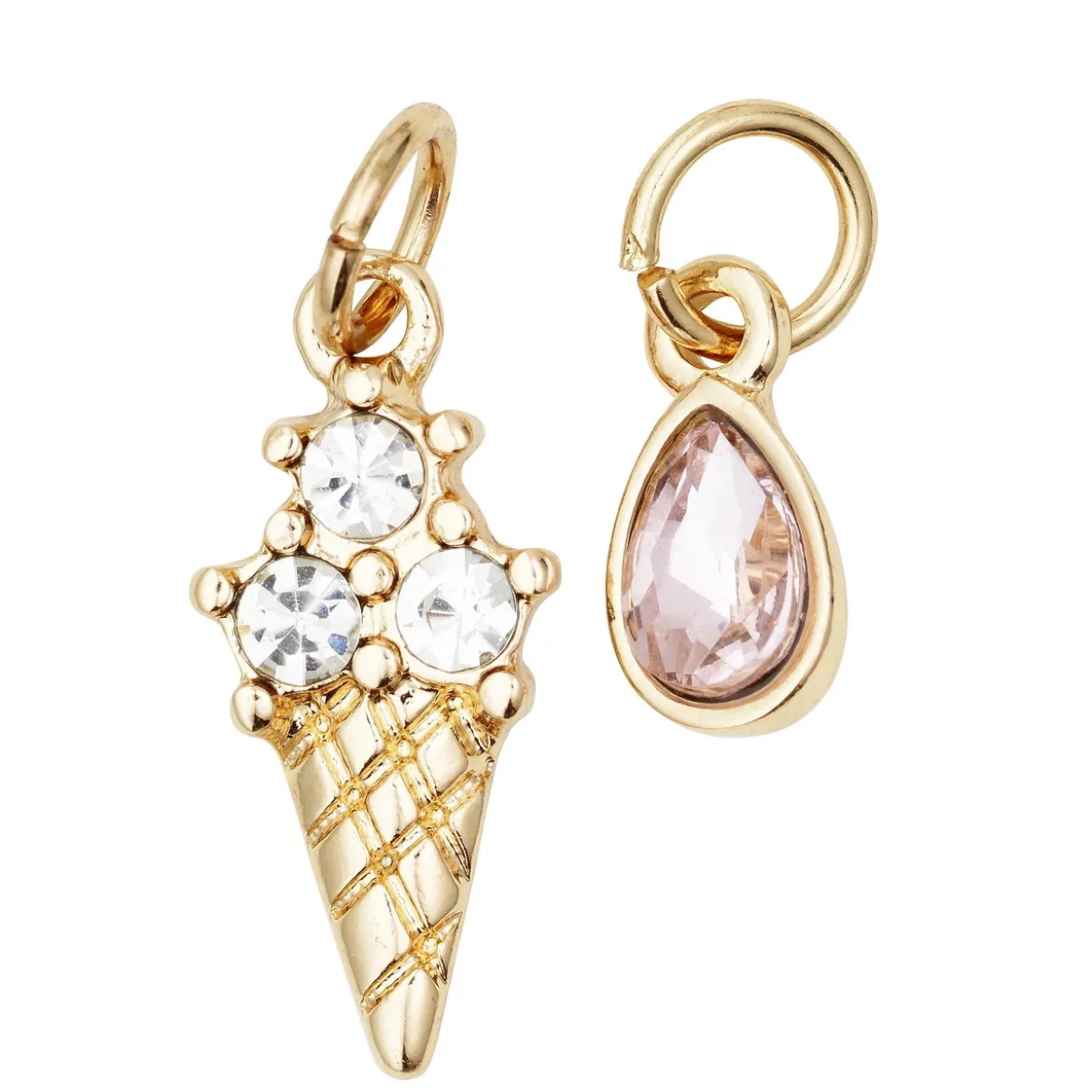 2 gullfargede anheng / charms med strass, iskrem 8×15,5 mm, dråpe 5×7,5 mm