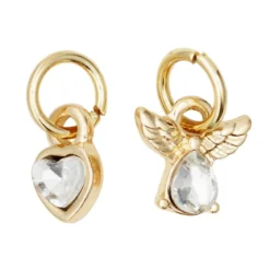 2 gullfargede anheng / charms med strass, engel 7,5×6 mm, hjerte Ø4,8 mm