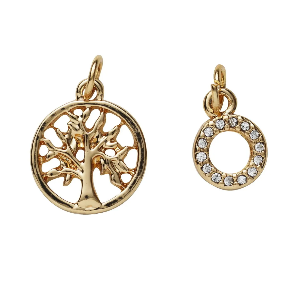 2 gullfargede anheng / charms, sirkel med strass Ø8 mm, tre Ø13 mm