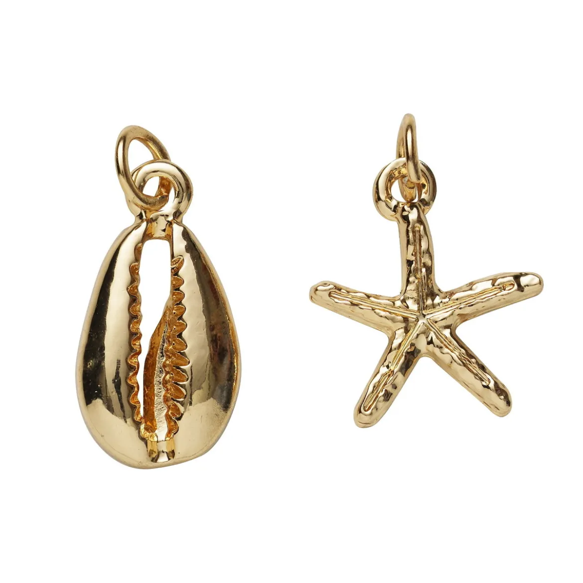 2 gullfargede anheng / charms, sjøstjerne Ø15 mm, skjell 10×14 mm