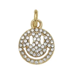 Gullfarget anheng / charm med smilefjes fylt med strass Ø12 mm