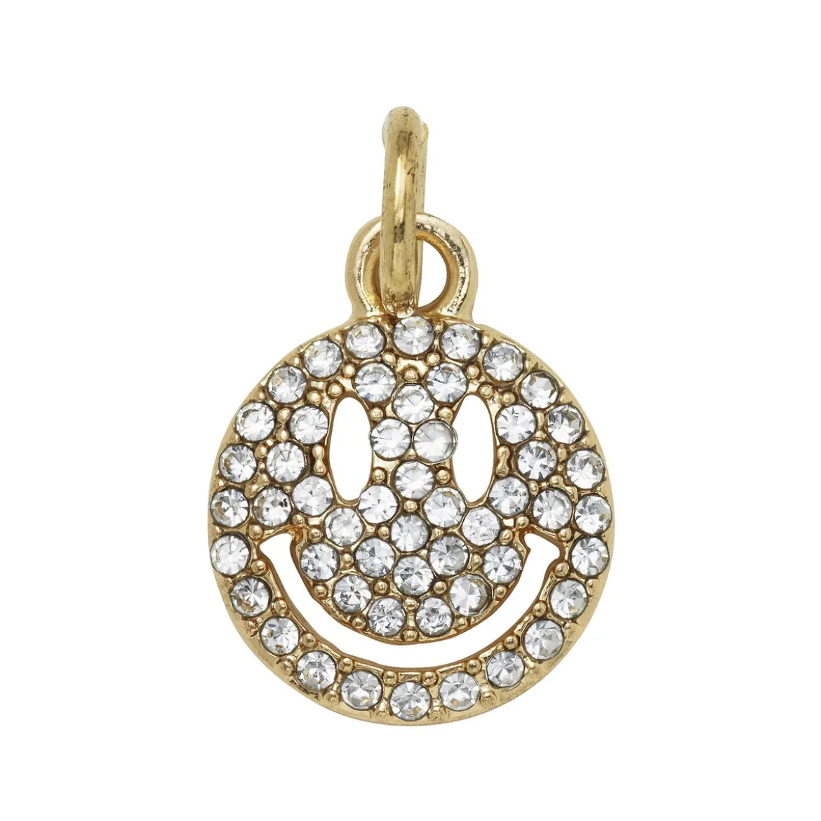 Gullfarget anheng / charm med smilefjes fylt med strass Ø12 mm