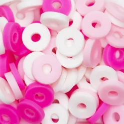 Heishi-perler i rør – herlig blanding med hvite, rosa og cerisefargede heishis, Ø6 mm
