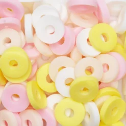 Heishi-perler i rør – herlig blanding med hvite, rosa og gule heishis, Ø6 mm