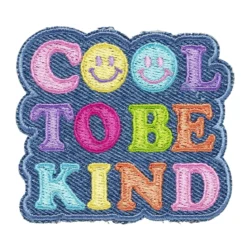 Iron-on stoffmerke med teksten Cool to be kind + smileys, 65×57 mm