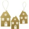 Juledekorasjon, 3 gullfargede anheng av metall – 1 stort hus 7,5×11 cm, 2 hus 6×9 cm