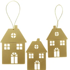 Juledekorasjon, 3 gullfargede anheng av metall – 1 stort hus 7,5×11 cm, 2 hus 6×9 cm