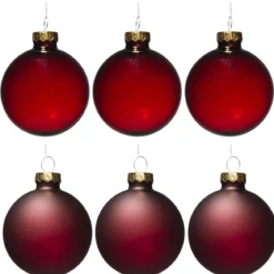 Juletrekuler, 6 fine røde julekuler av glass med diameter 6 cm – 3 matte og 3 blanke
