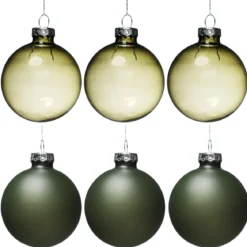Juletrekuler, 6 stk. fine grønne julekuler av glass med diameter 6 cm – 3 matte og 3 blanke