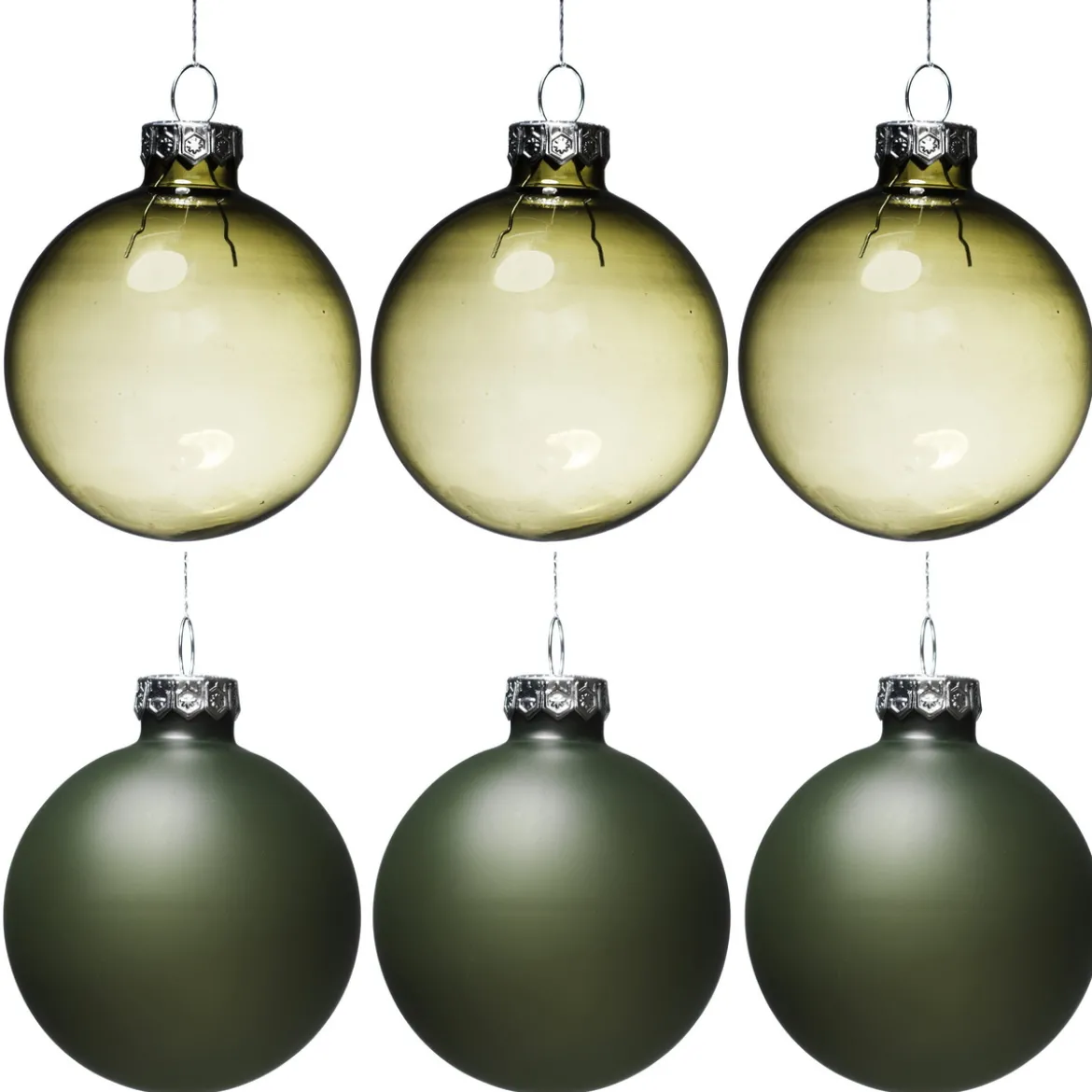 Juletrekuler, 6 stk. fine grønne julekuler av glass med diameter 6 cm – 3 matte og 3 blanke