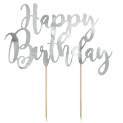 Kakepynt, cake topper, Happy Birthday i sølvbokstaver 20×13 cm