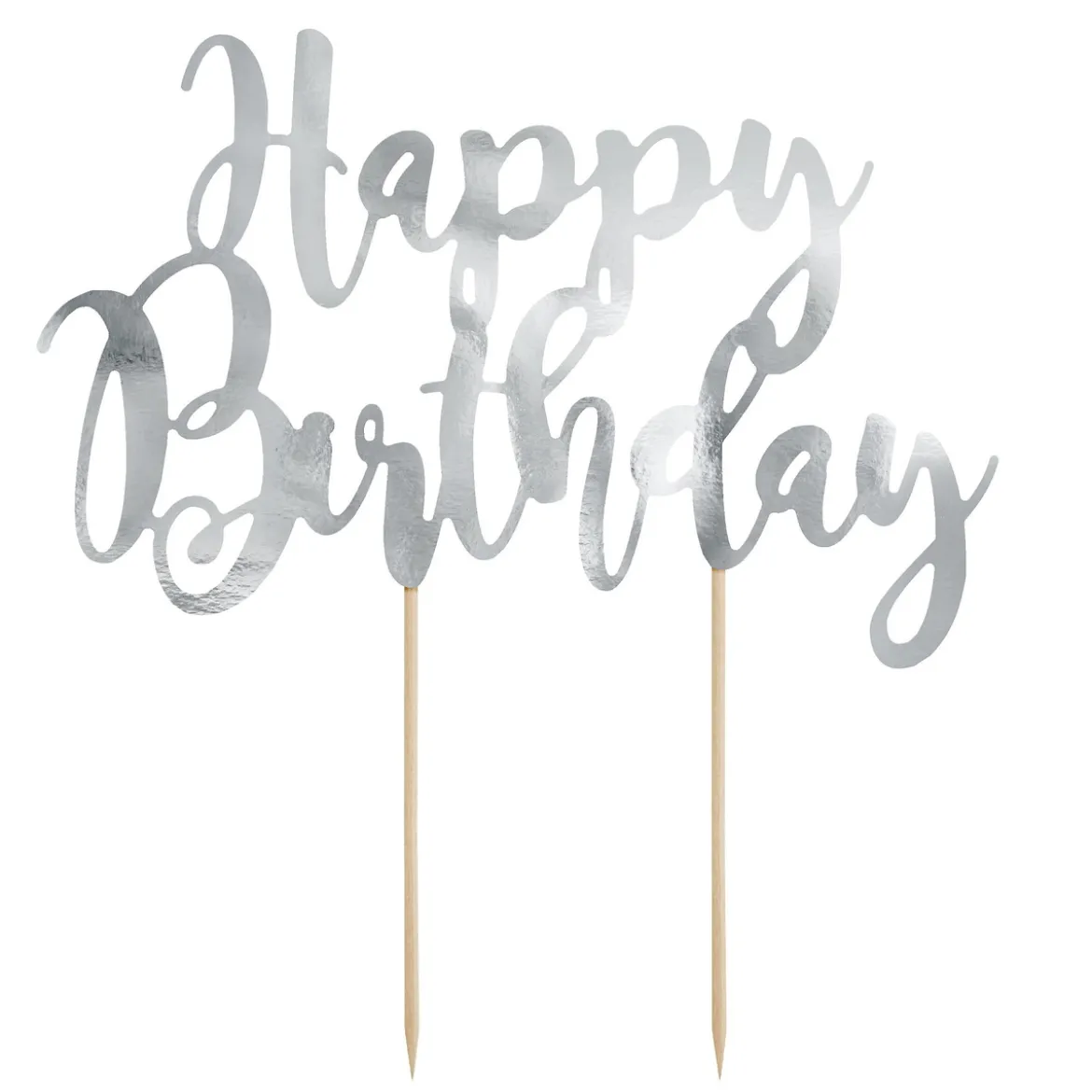 Kakepynt, cake topper, Happy Birthday i sølvbokstaver 20×13 cm